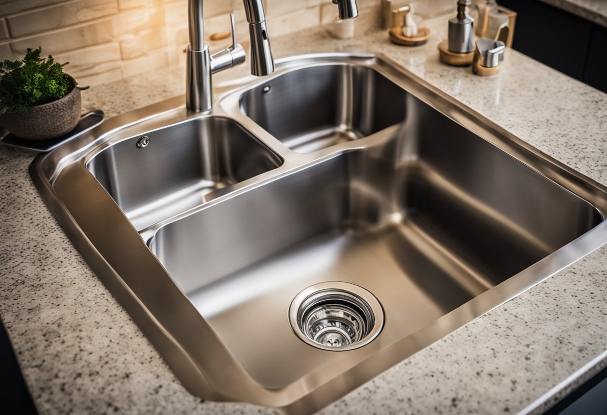 A stainless steel kitchen sink sits next to a granite countertop, surrounded by various materials for evaluation
