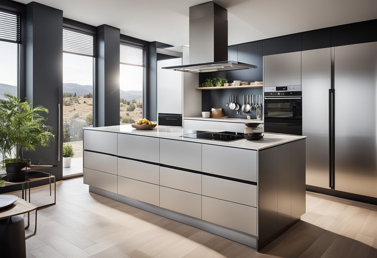 Sleek, handle-less cabinets with clean lines and minimalist hardware. High-gloss finish and integrated appliances for a seamless, contemporary look