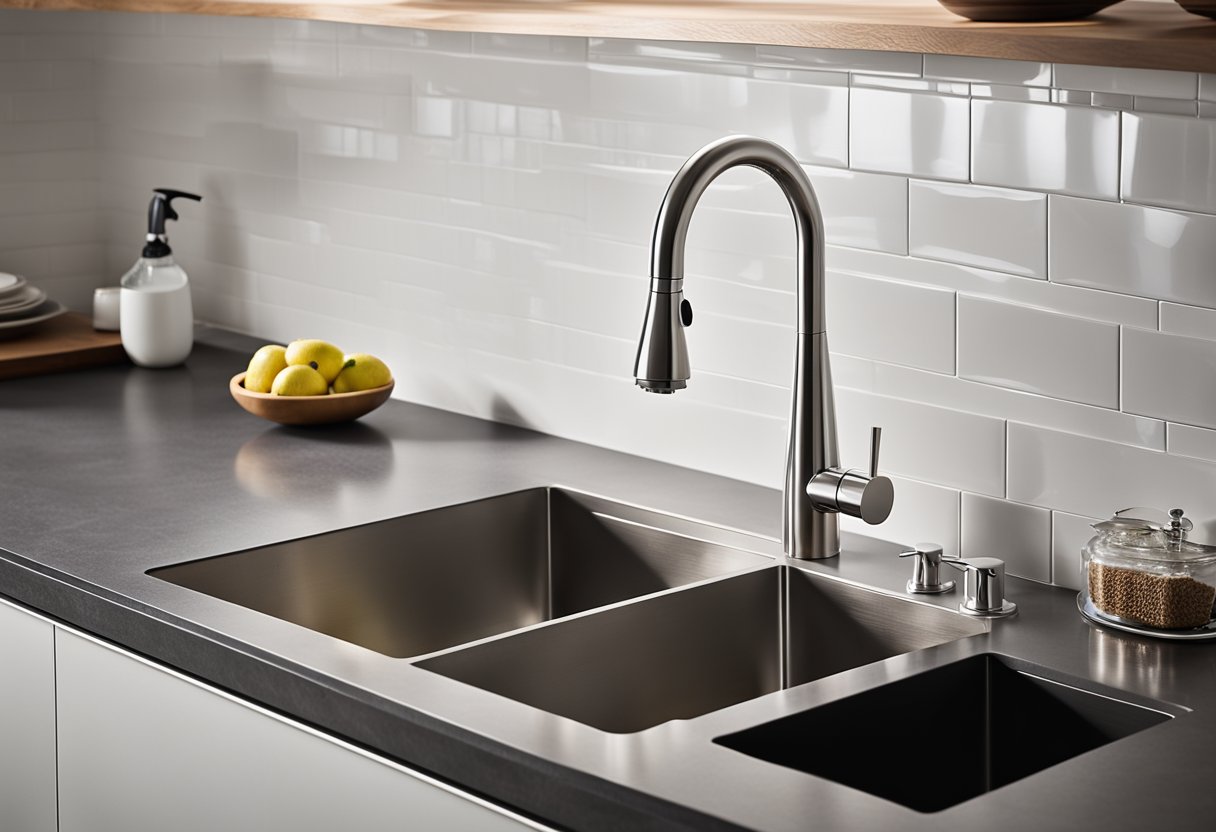 A sleek stainless steel kitchen sink with a deep basin and modern faucet, surrounded by clean countertops and a tiled backsplash