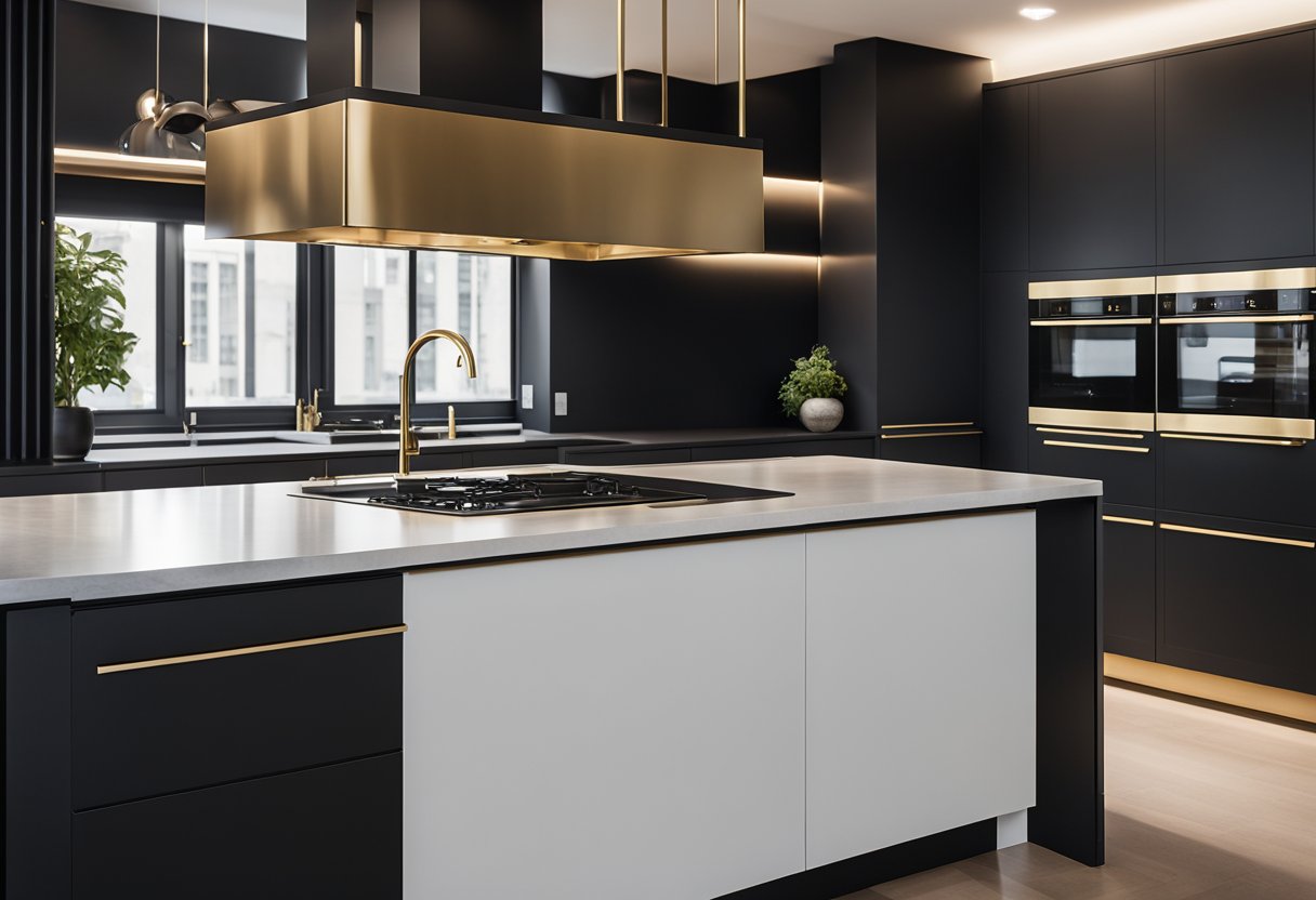 Sleek, minimalist kitchen with matte black cabinets and brass hardware. Clean lines and geometric shapes create a contemporary and sophisticated feel