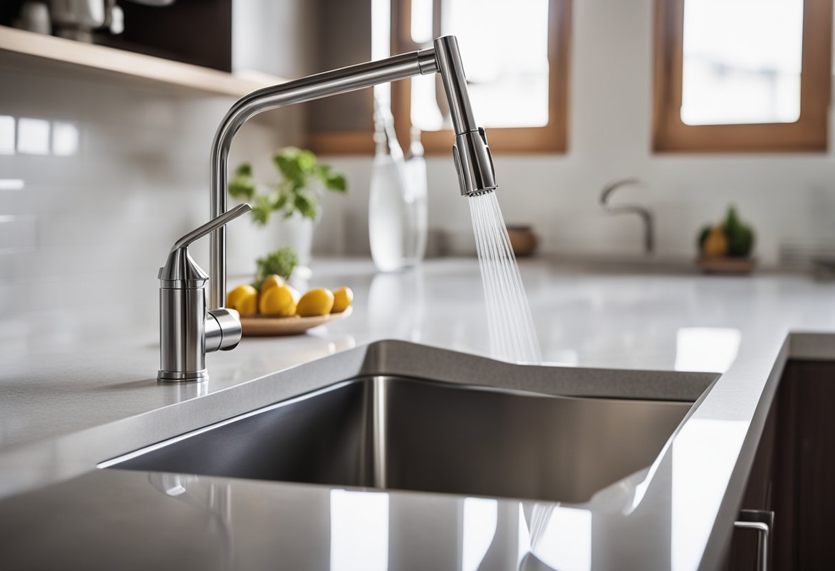 A modern kitchen sink with a sleek, stainless steel design, deep basin, and detachable spray nozzle. Surrounding countertops are clean and clutter-free