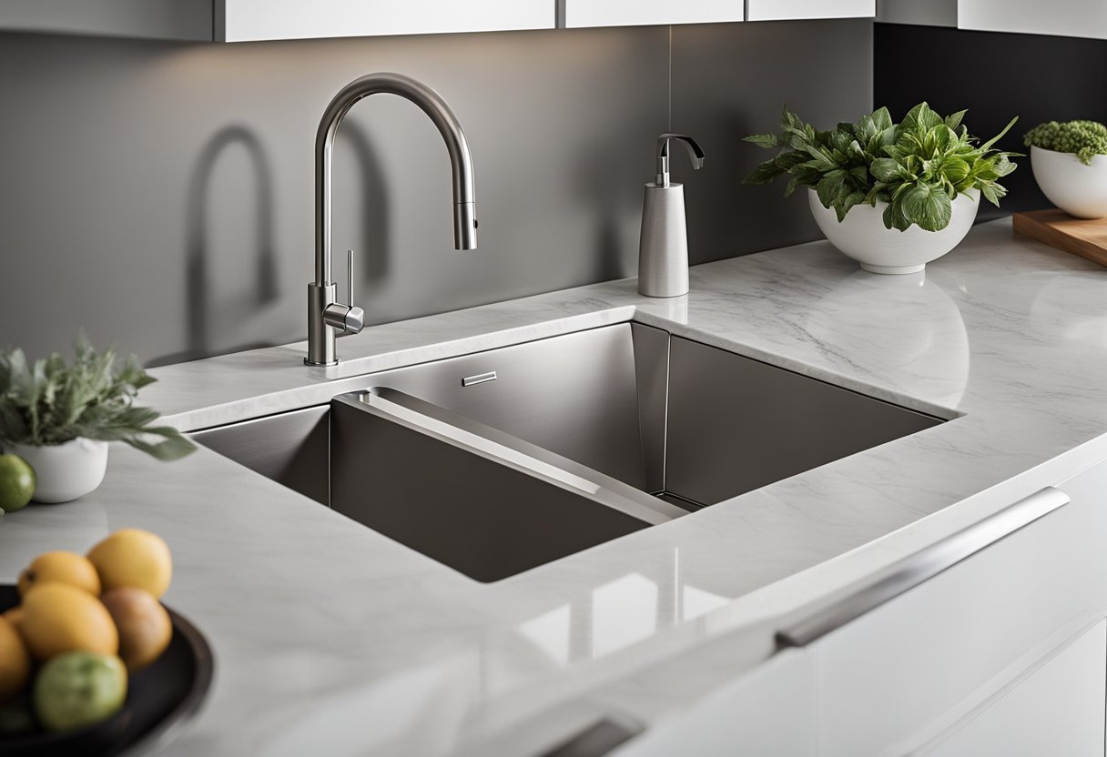 A sleek, stainless steel sink seamlessly integrated into a marble countertop, surrounded by modern, white cabinetry with clean lines and minimalistic hardware