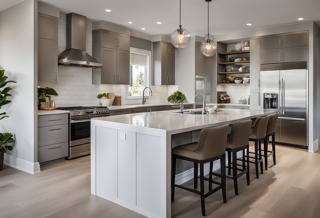 A modern kitchen with sleek cabinets, a spacious island, and integrated appliances. Neutral color palette with pops of vibrant accents. Open layout with natural light streaming in through large windows