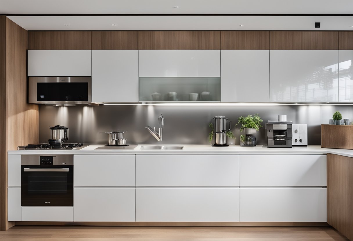 A sleek, minimalist kitchen cabinet with glossy white finish and brushed metal hardware. Glass panel doors showcase the interior's wood grain shelves