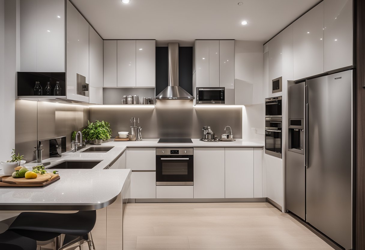 A modern 4-room BTO kitchen with sleek cabinets, granite countertops, and stainless steel appliances. Bright lighting and a spacious layout create a welcoming atmosphere