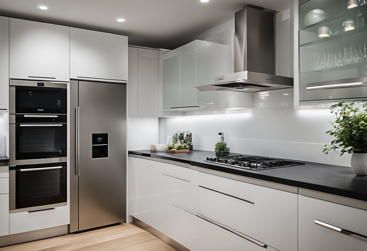 A sleek, modern kitchen cabinet with chrome hardware and accessories
