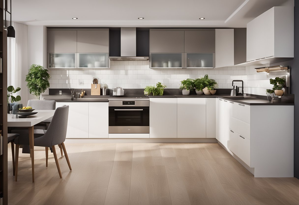 The kitchen layout features L-shaped countertops, a central island, and ample storage space. The design maximizes functionality and efficiency for a 4-room BTO unit