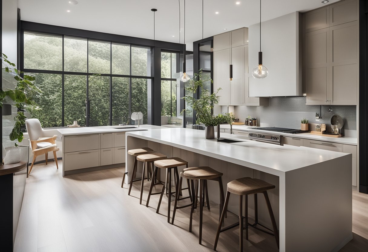 A spacious open kitchen with modern fixtures and ample natural light. Clean lines and neutral tones create a sleek and inviting atmosphere