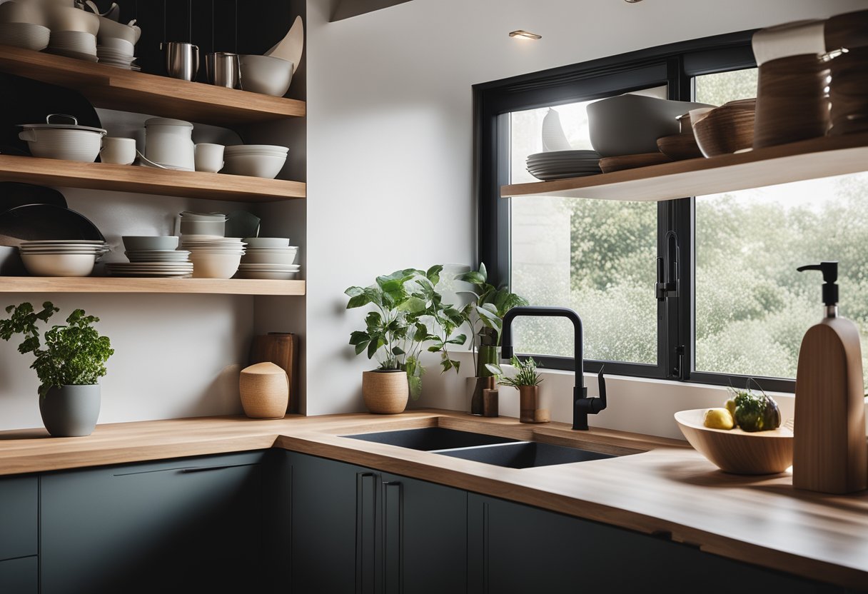 A sleek, modern kitchen sink with integrated cutting board and drying rack, surrounded by minimalist, open shelving and natural light