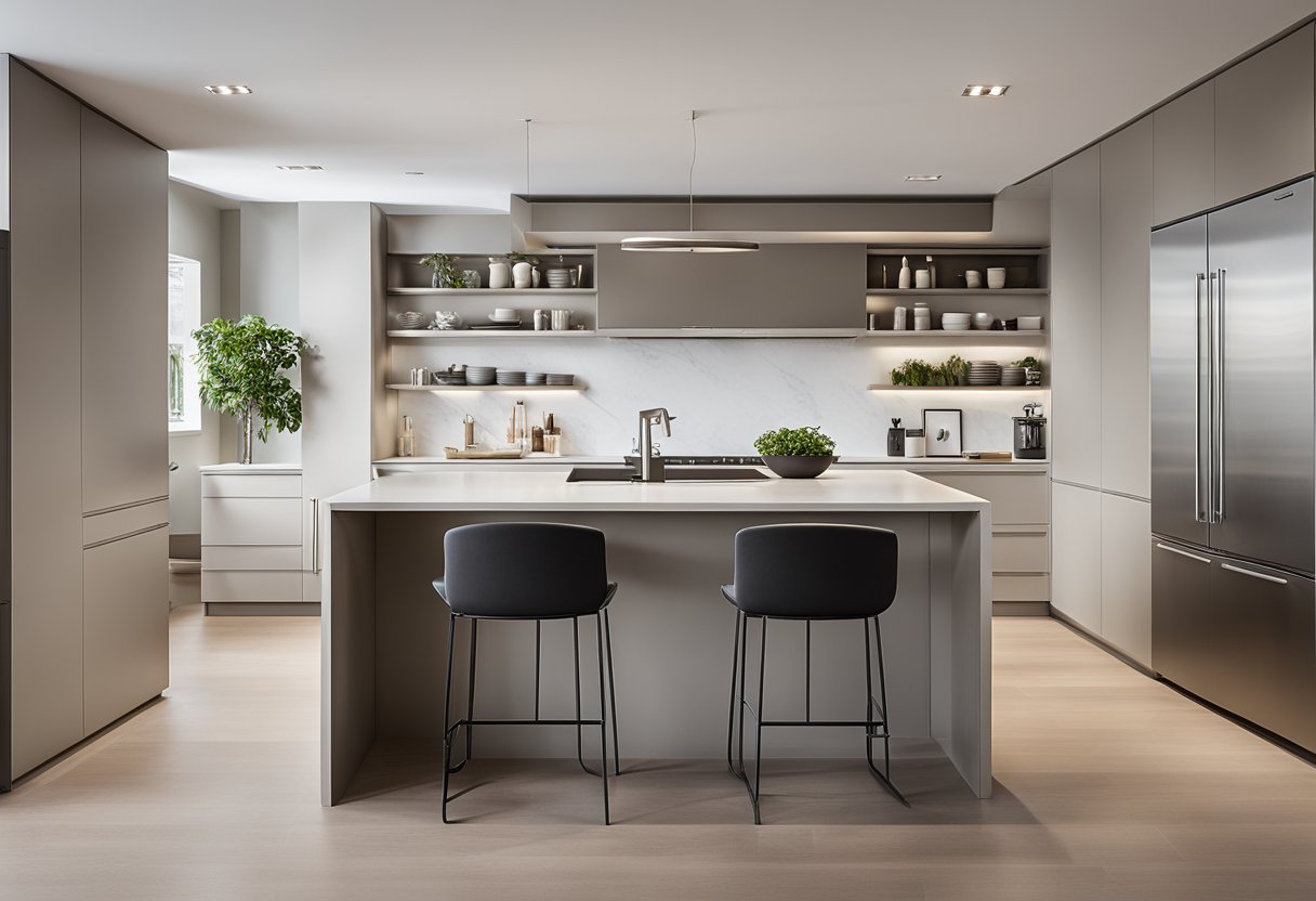 A sleek, minimalist kitchen with handle-less, flat-panel cabinets in a neutral color palette. Clean lines and smooth surfaces give a contemporary feel