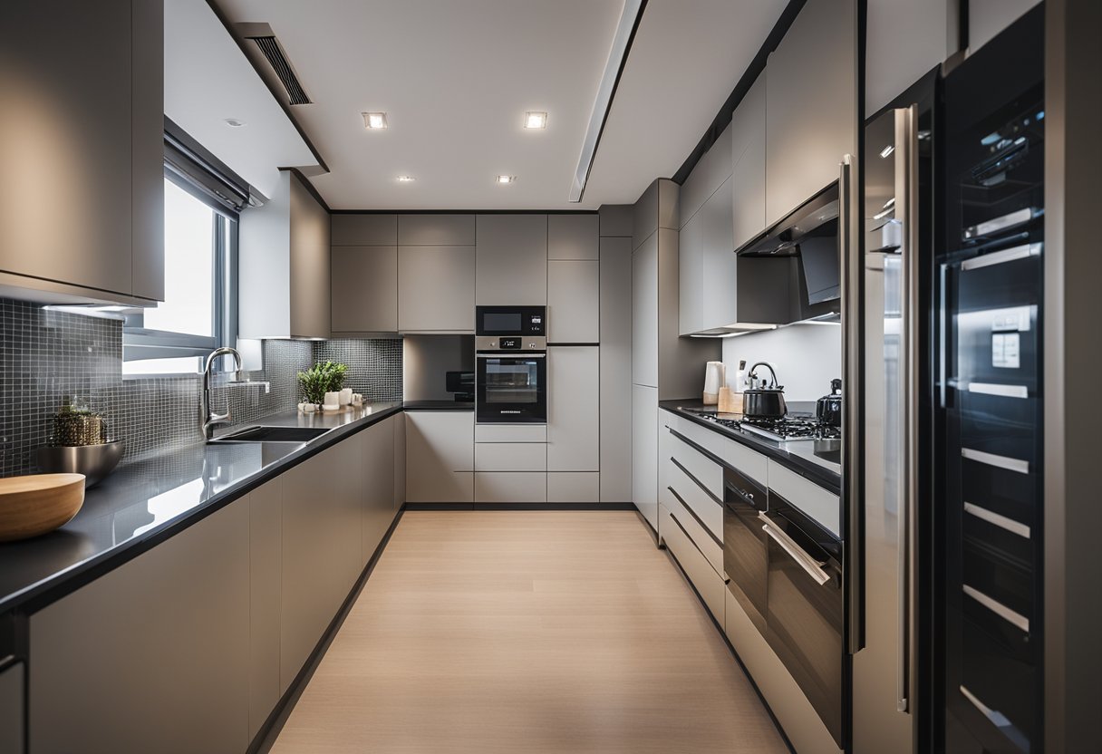 A person selects modern appliances and materials for a resale HDB kitchen design