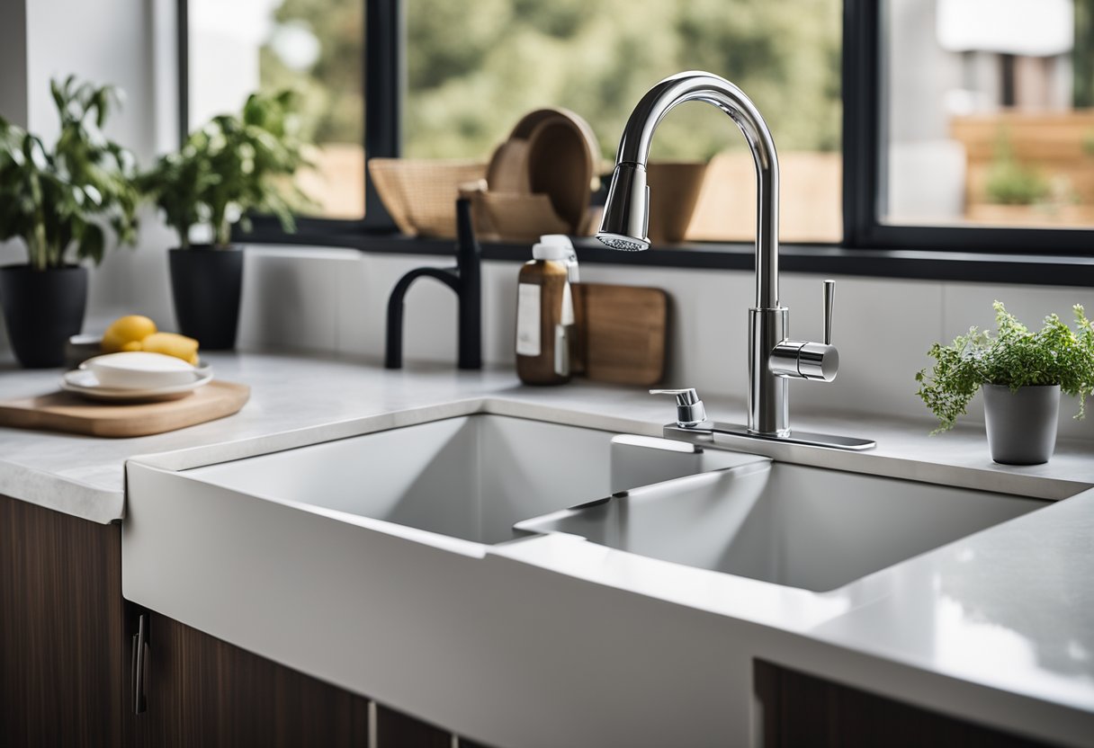 A modern kitchen sink with sleek lines and a pull-down faucet, surrounded by neatly organized cleaning supplies and a stack of freshly washed dishes