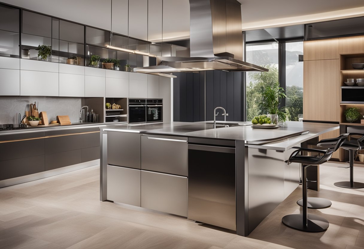 A sleek, organized modular kitchen with clean lines, integrated appliances, and clever storage solutions