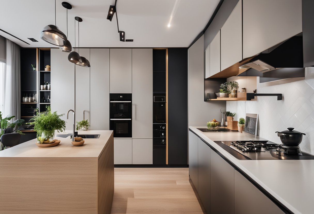 A modern open kitchen with sleek storage solutions in a 4-room BTO flat, maximizing space and functionality
