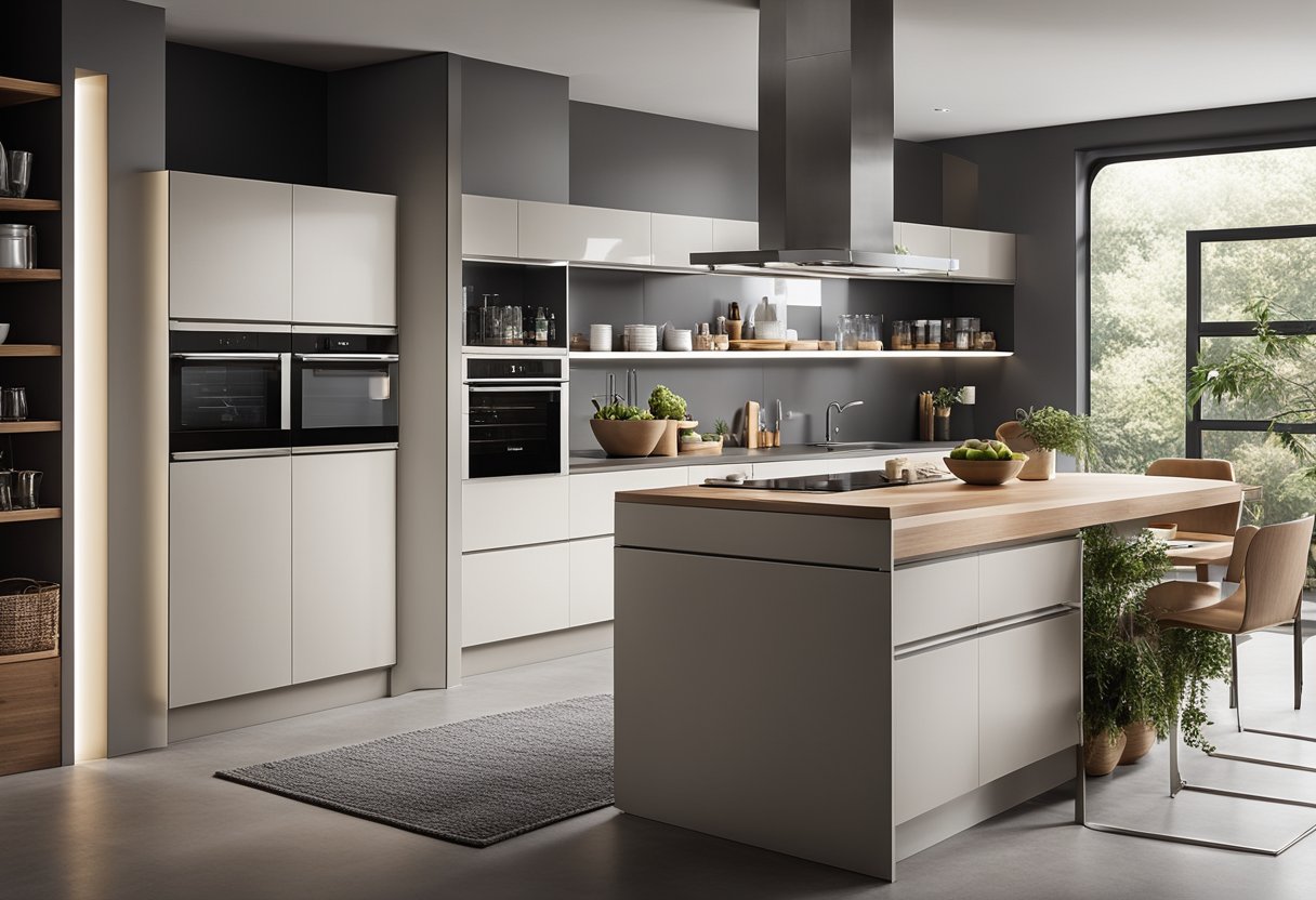 A small kitchen with sleek, minimalist cabinets, integrated appliances, and clever storage solutions. The design maximizes space and functionality