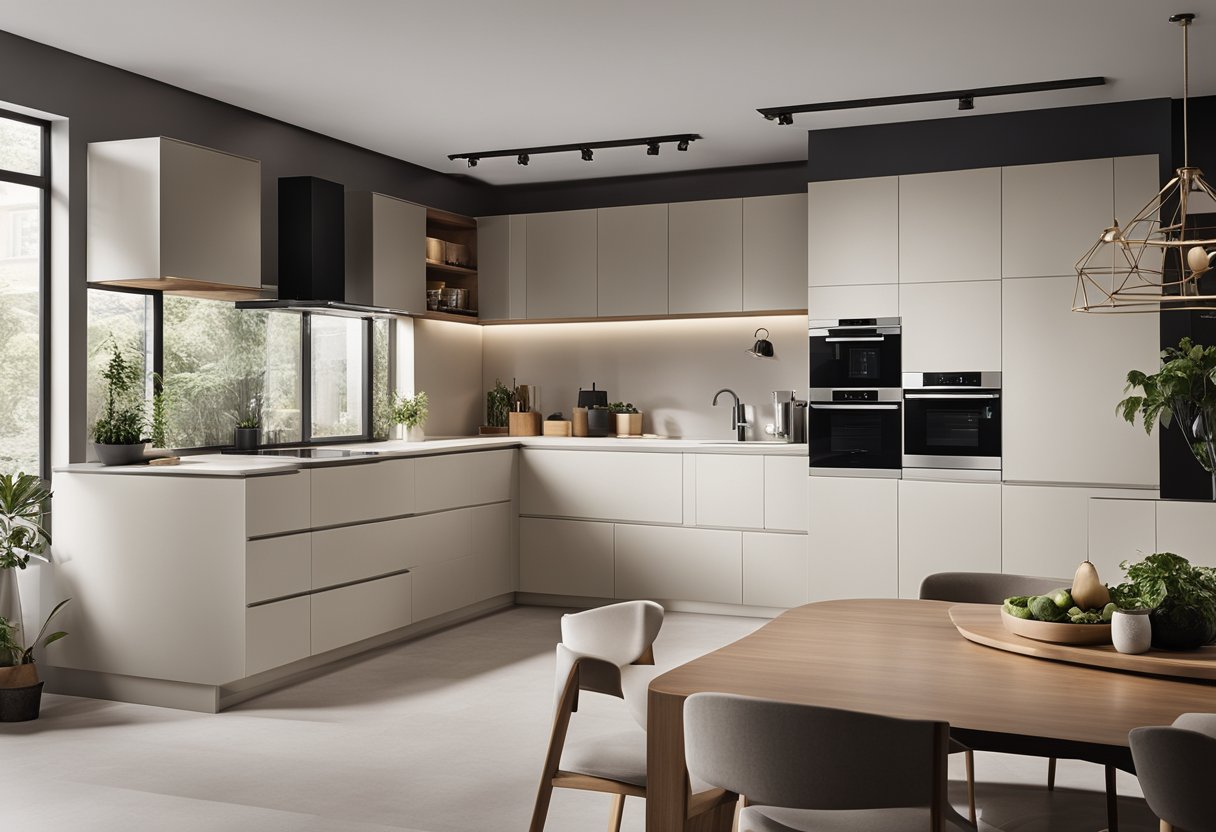 A modern, minimalist kitchen with sleek cabinets, integrated appliances, and a neutral color palette. Clean lines and hidden storage maximize space
