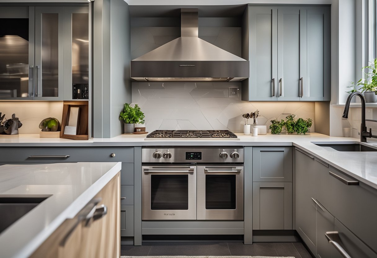 Sleek, minimalist kitchen cabinets with unique custom touches and personalized details, such as engraved patterns or colorful accents