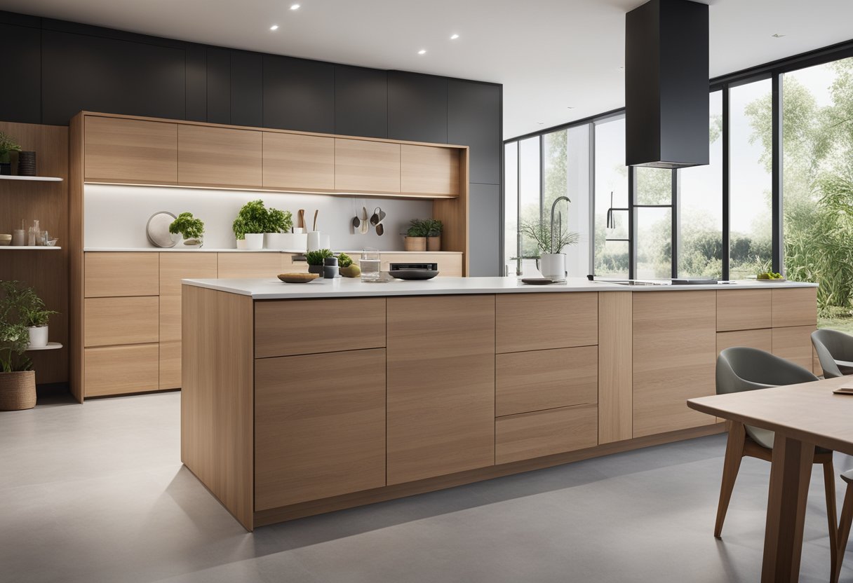 A sleek, minimalist kitchen cabinet made from sustainable, eco-friendly materials. Clean lines, natural wood tones, and integrated recycling bins