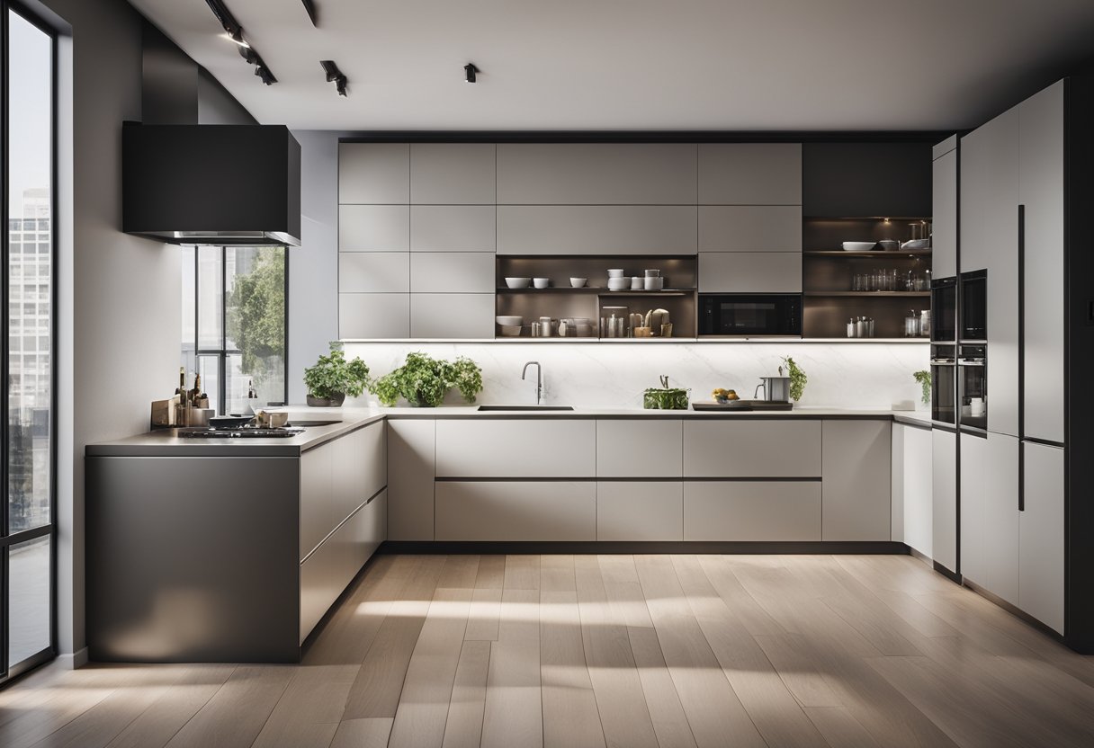 A sleek, minimalist kitchen with clean lines and integrated appliances. The space is organized and efficient, with ample storage and seamless surfaces