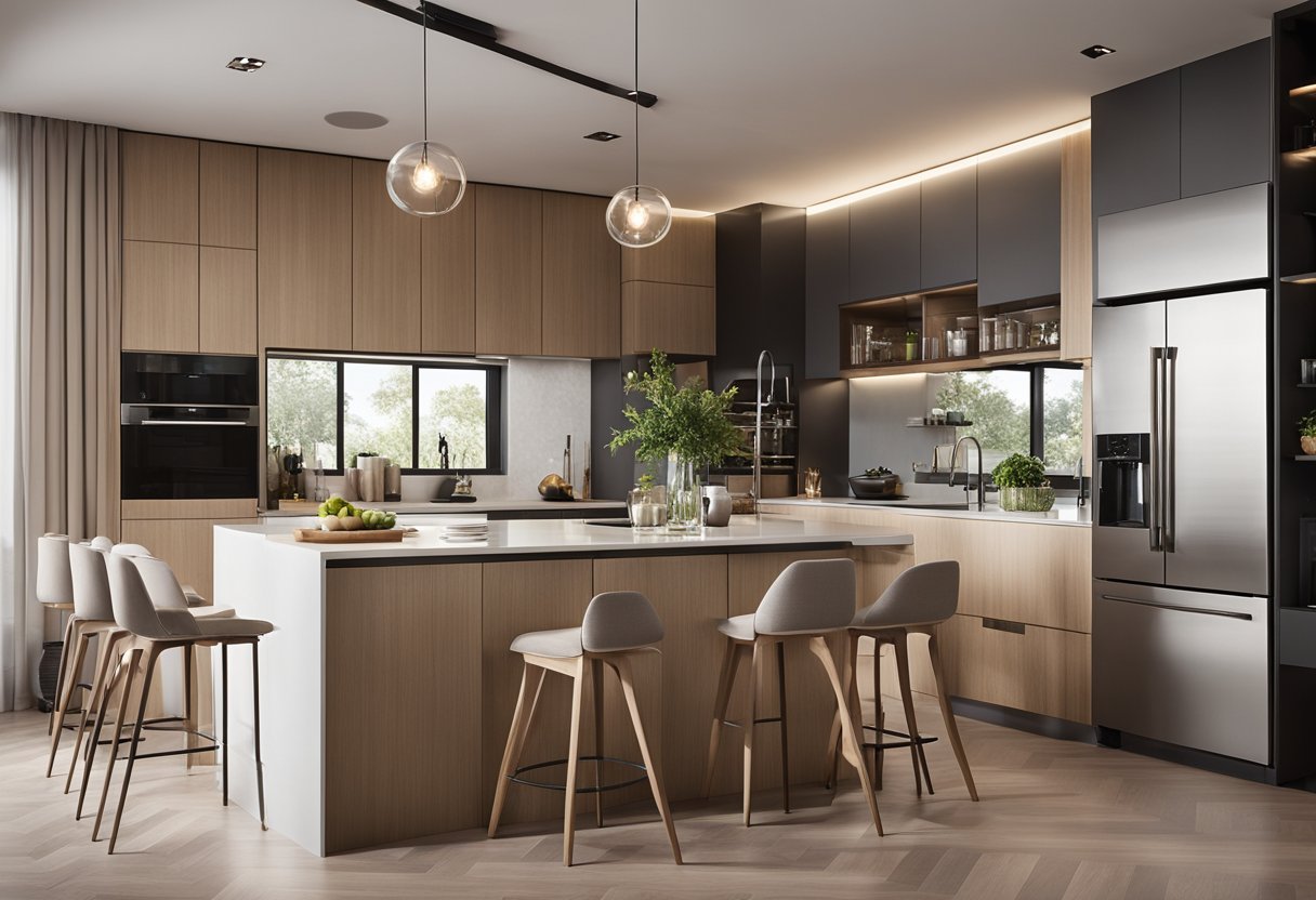 The open kitchen in the 4-room BTO features sleek modern cabinetry, a spacious island with a built-in stove, and a large window allowing natural light to flood the space