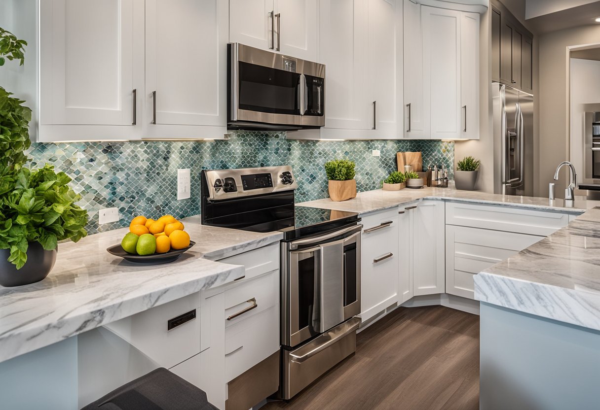 A modern, sleek kitchen with white cabinets, stainless steel appliances, and marble countertops. A pop of color from the vibrant backsplash adds a touch of personality