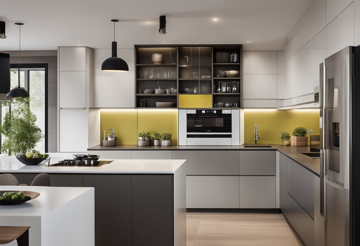 A sleek, modern modular kitchen with clean lines, integrated appliances, and smart storage solutions. The color scheme is neutral with pops of color in the backsplash and accessories
