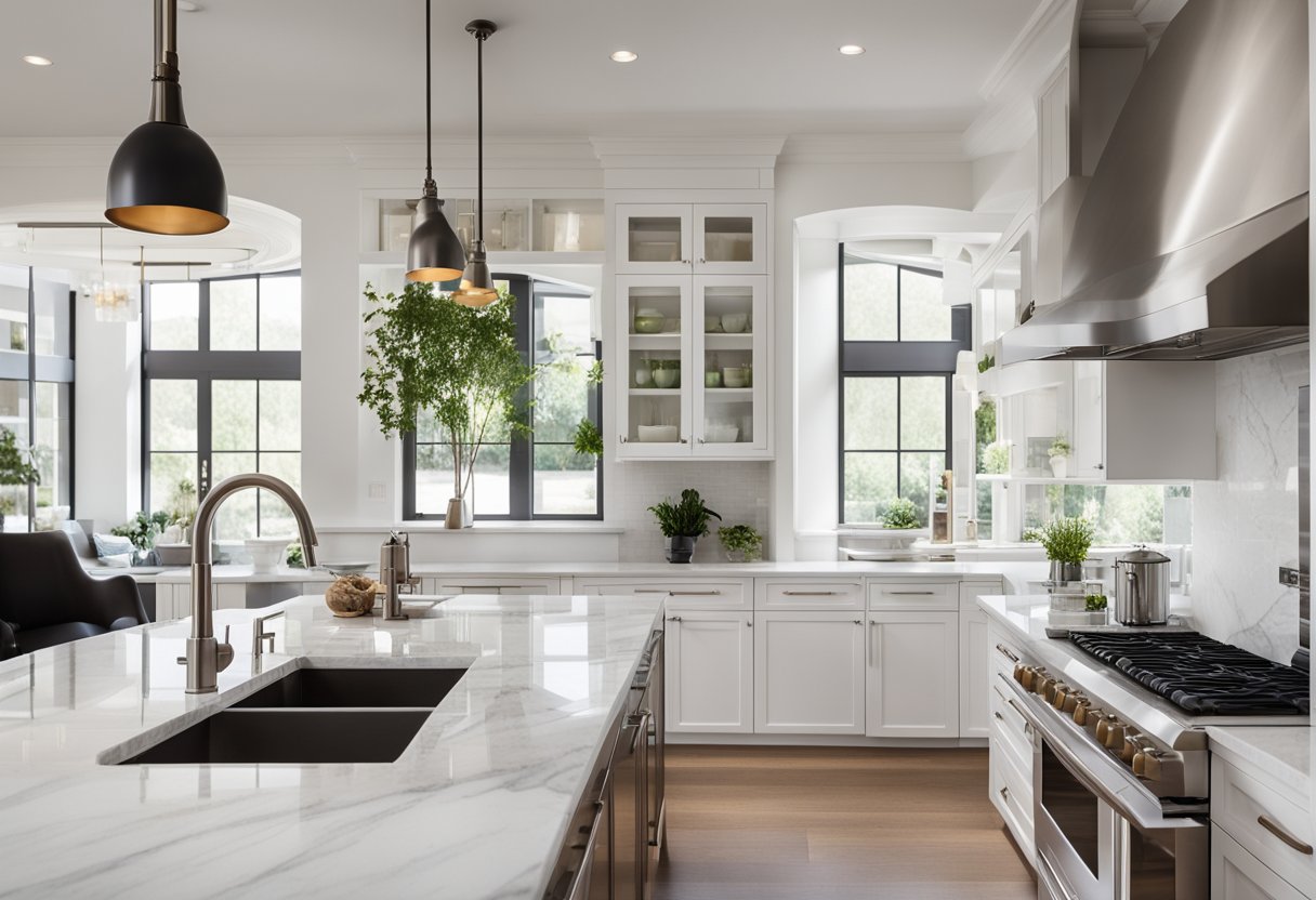 A modern kitchen with sleek white cabinets, stainless steel appliances, and a marble countertop. The space is well-lit with natural light from large windows, creating a bright and inviting atmosphere