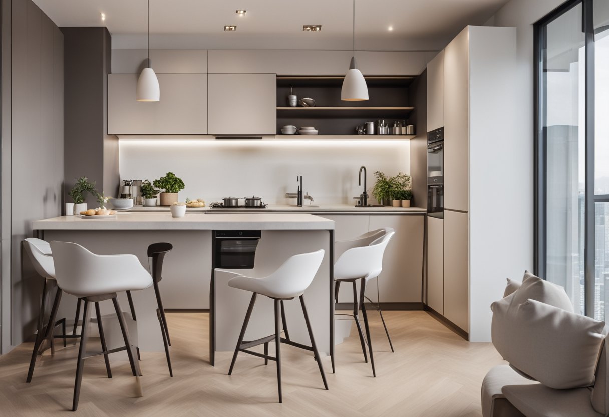 A spacious 4-room BTO flat with an open kitchen design. Modern fixtures and sleek cabinetry give the space a contemporary feel. Light floods in through large windows, illuminating the room