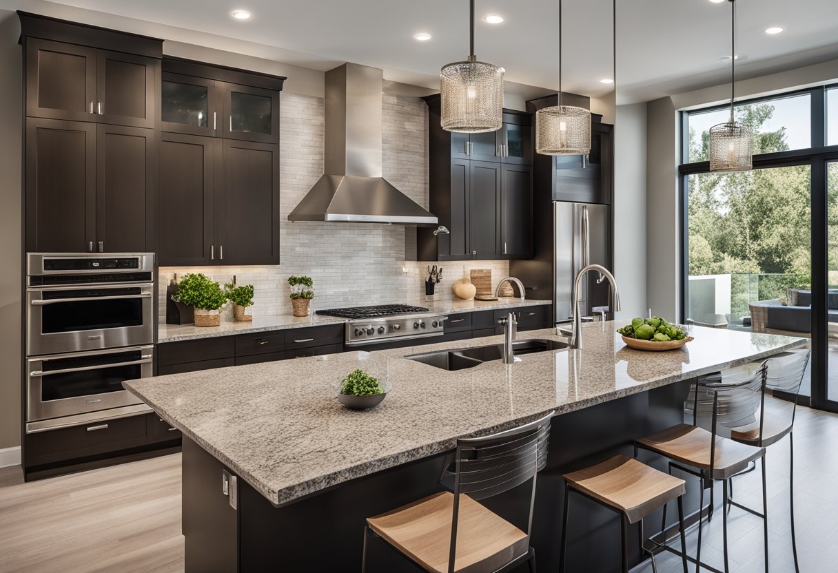 A modern kitchen with sleek cabinets, granite countertops, and stainless steel appliances. A large window lets in natural light, and a spacious island provides ample prep space