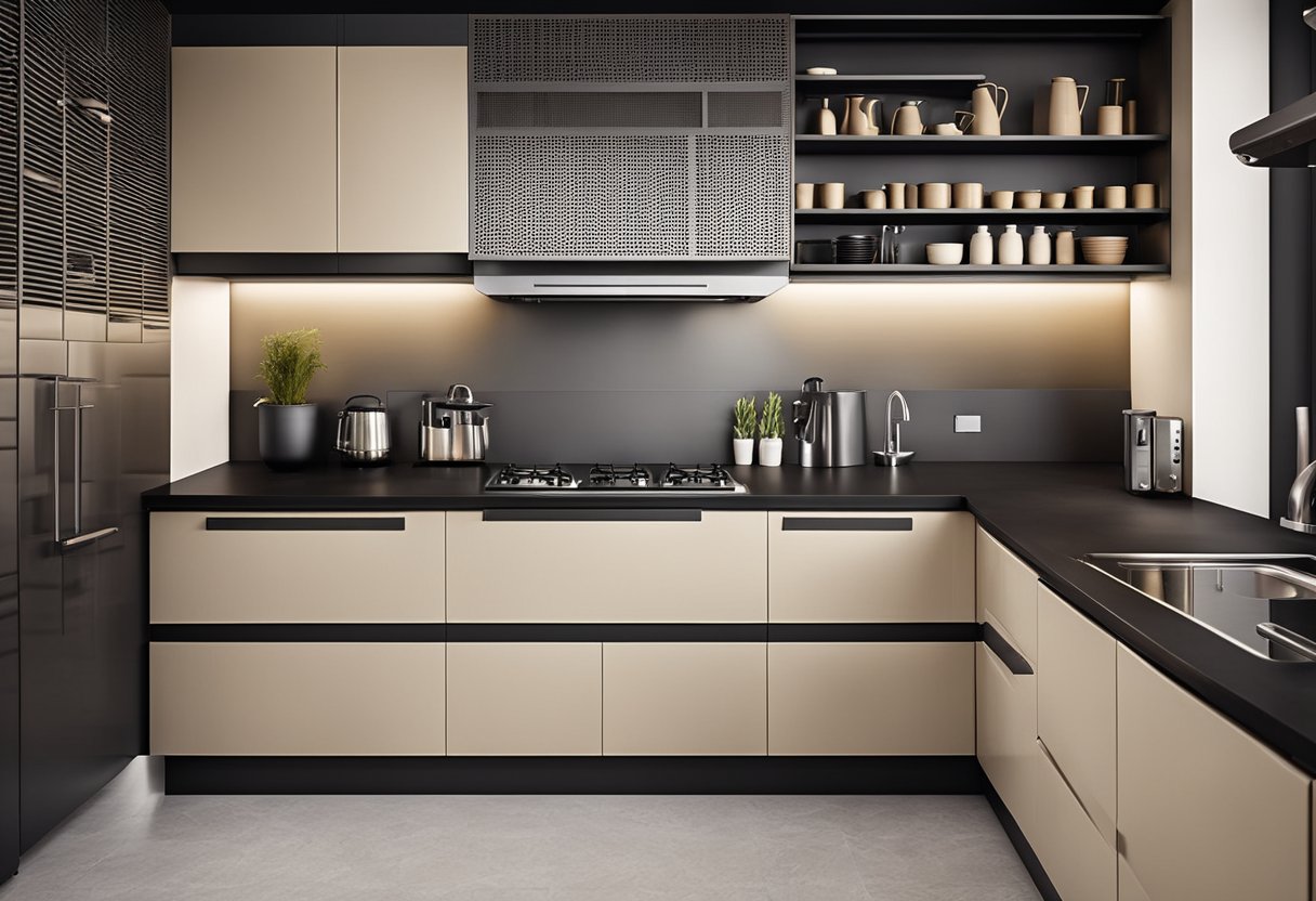 A sleek modular kitchen with organized cabinets, efficient storage solutions, and stylish countertops