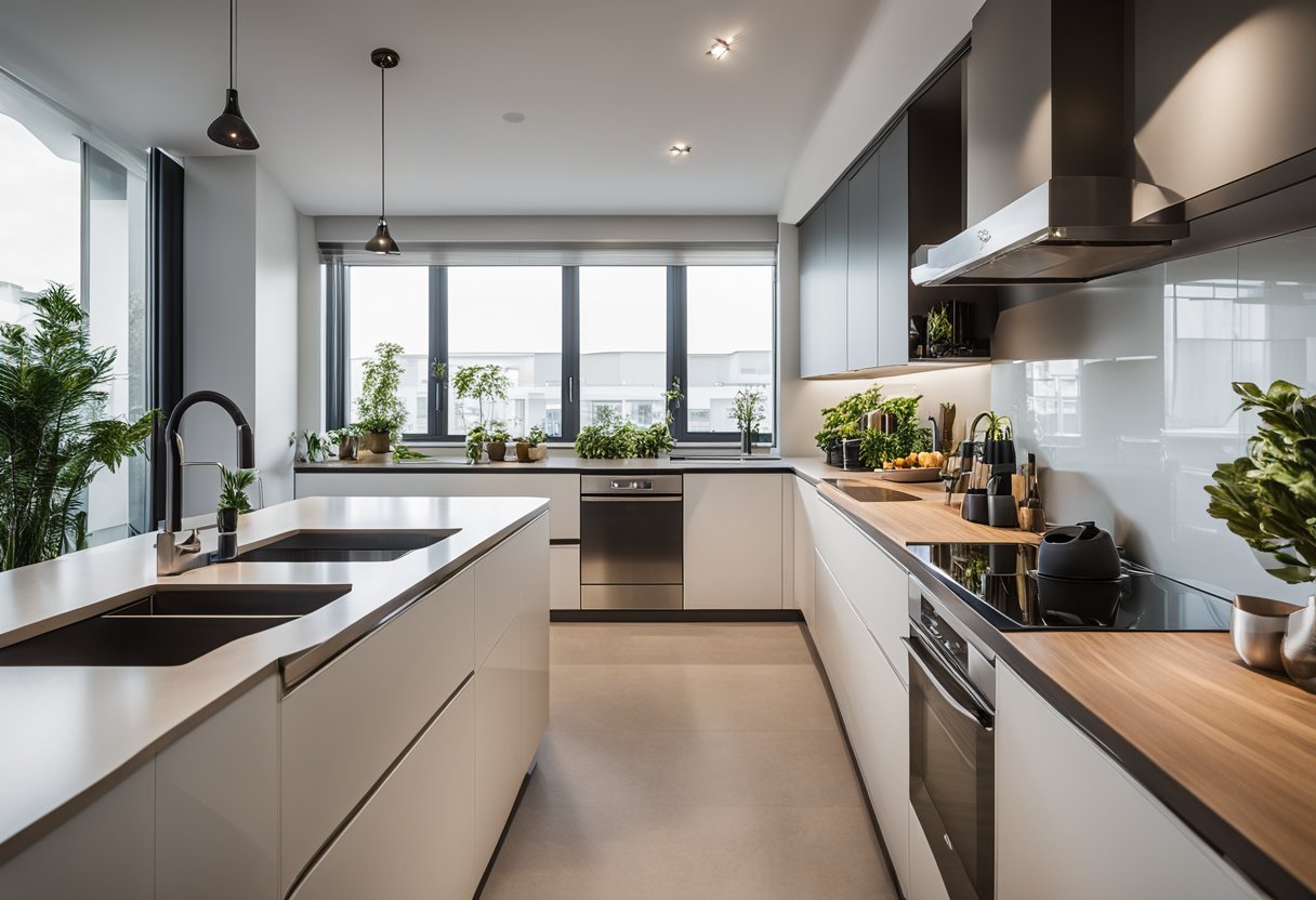 A spacious open kitchen in a 4-room BTO, with modern design and ample storage. Frequently Asked Questions displayed on a nearby wall