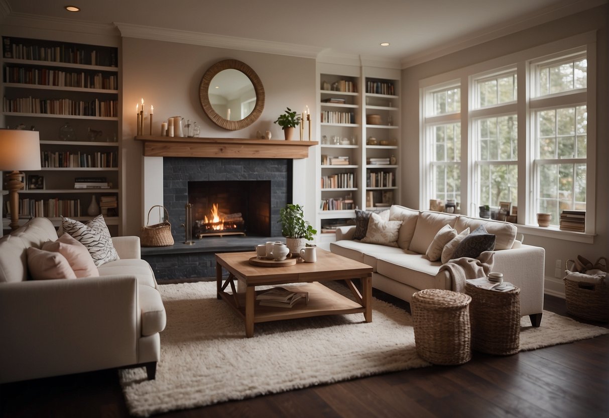 A cozy living room with a large, plush sofa facing a fireplace. A coffee table sits in the center, surrounded by bookshelves and a soft rug on the floor