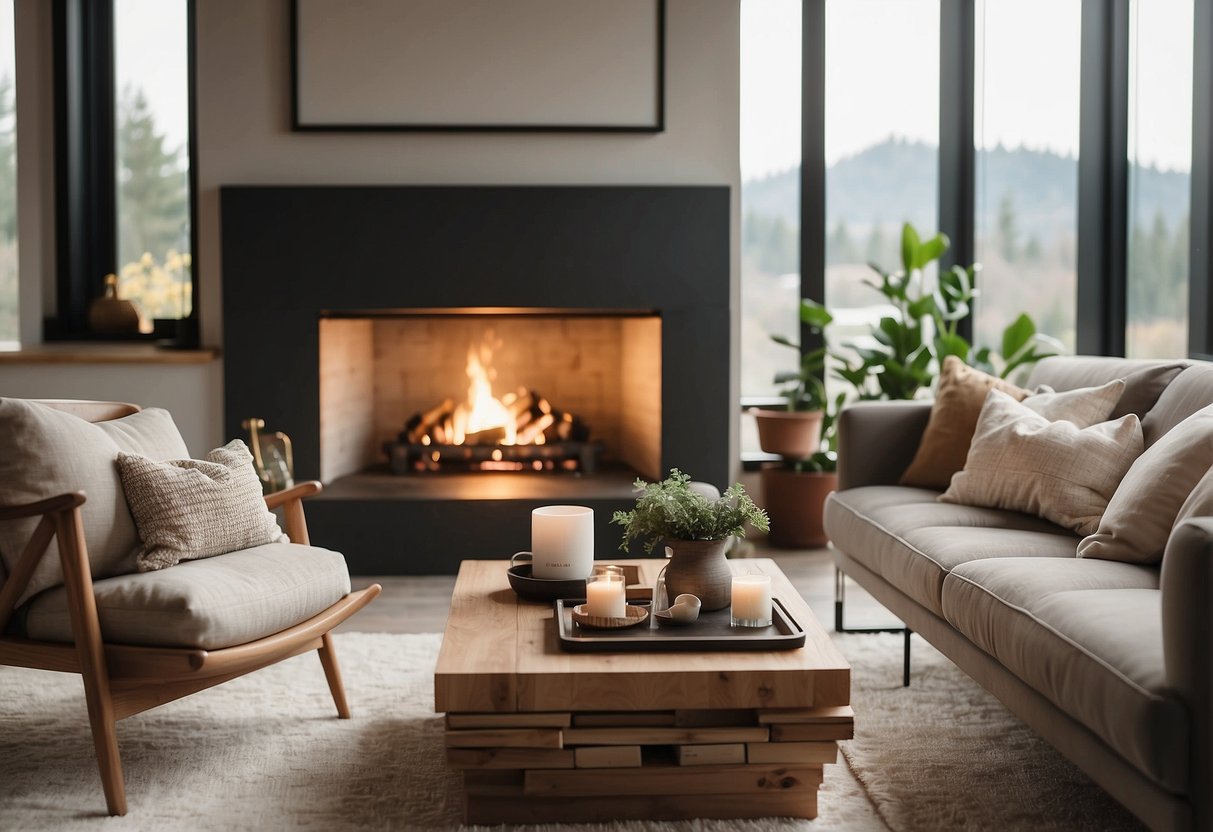 A cozy living room with a plush sofa, coffee table, and soft rug. Large windows let in natural light, and a fireplace adds warmth. Neutral colors and simple decor create a welcoming atmosphere