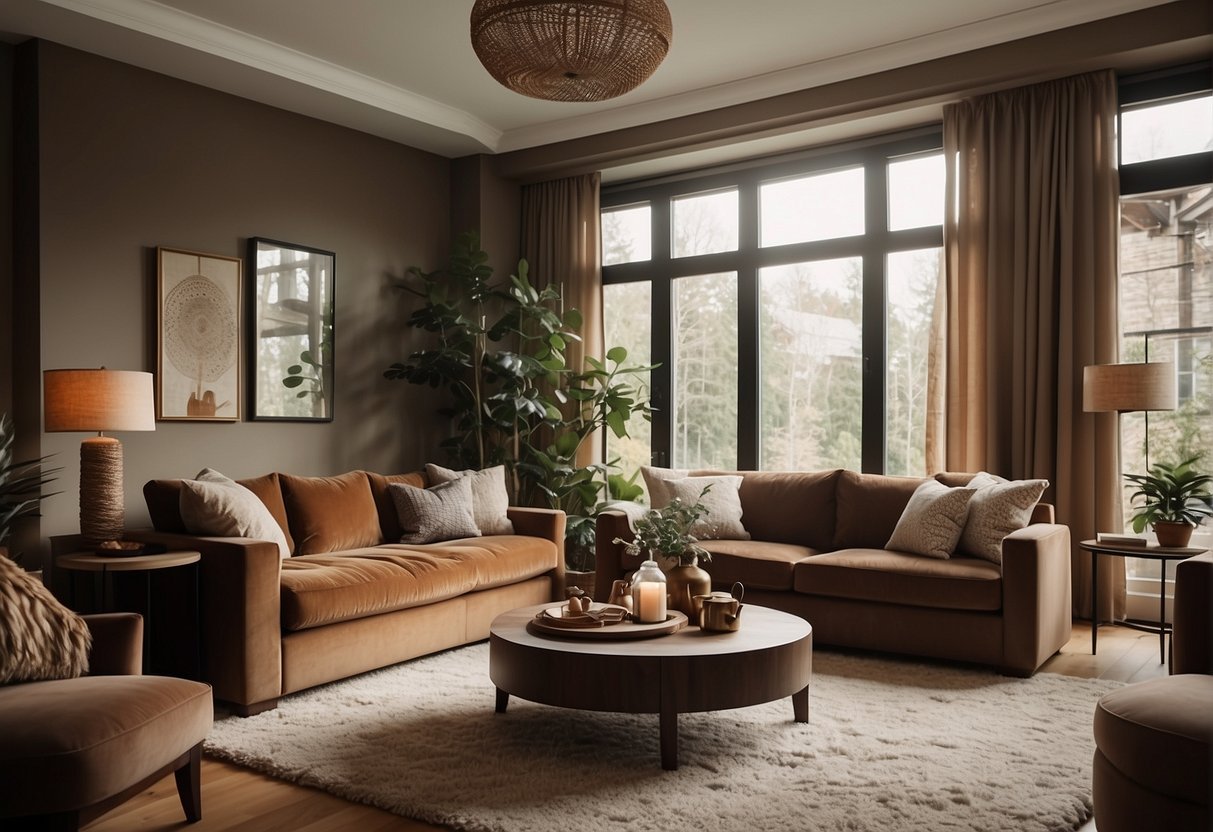 A cozy living room with warm earthy tones, plush fabric sofas, and a mix of textures including a shaggy rug, velvet curtains, and wooden furniture