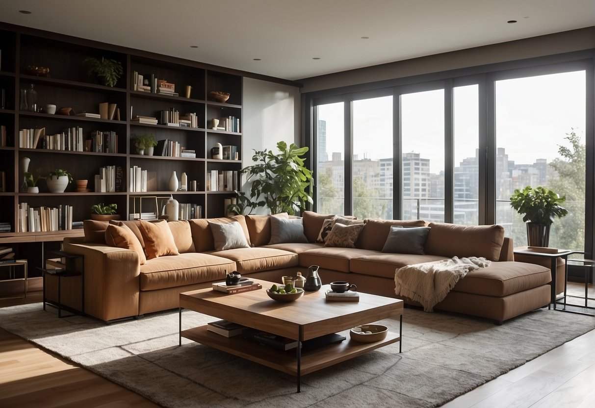 A spacious living room with a large L-shaped sofa, coffee table, and TV stand. A bookshelf lines one wall, and large windows let in natural light