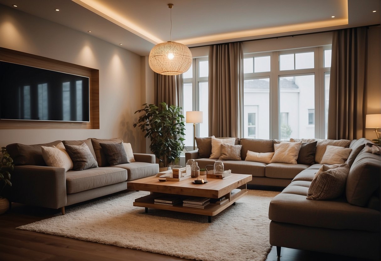 A cozy living room with warm, soft lighting and comfortable furniture, creating a relaxed and inviting ambience