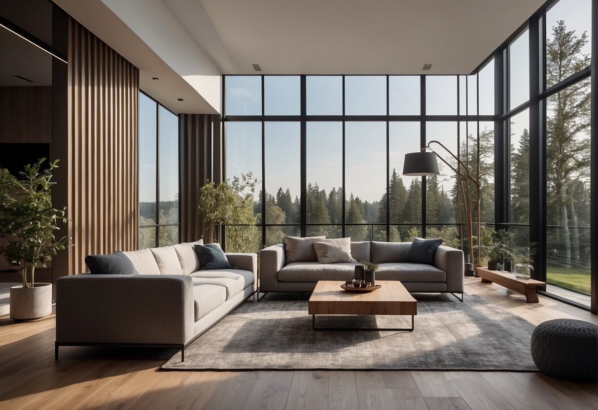 A spacious living room with modern walls and wooden floors. A large window allows natural light to fill the room, highlighting the minimalist furniture and decor