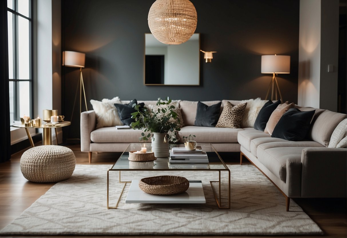 A cozy living room with a plush rug, throw pillows, and a stylish coffee table. A large, decorative mirror hangs on the wall, and a sleek floor lamp illuminates the space