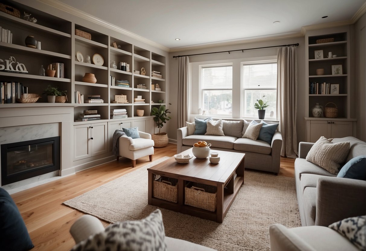 A spacious living room with built-in shelves and cabinets for storage. The room is well-organized with decorative baskets and bins. A cozy seating area with throw pillows and a coffee table completes the design