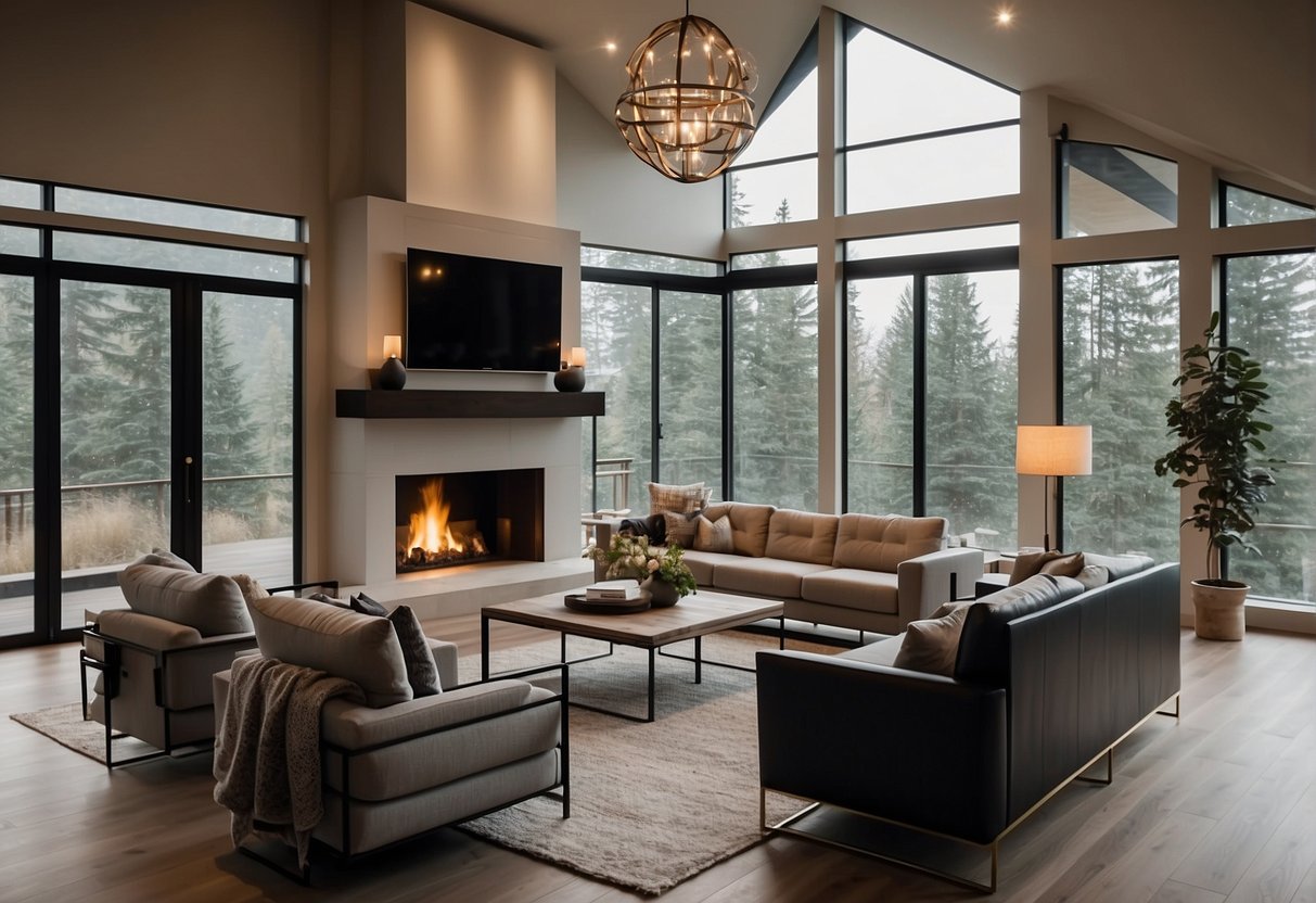 A spacious living room with modern furniture, neutral color palette, and large windows. A cozy fireplace and stylish lighting fixtures complete the renovation