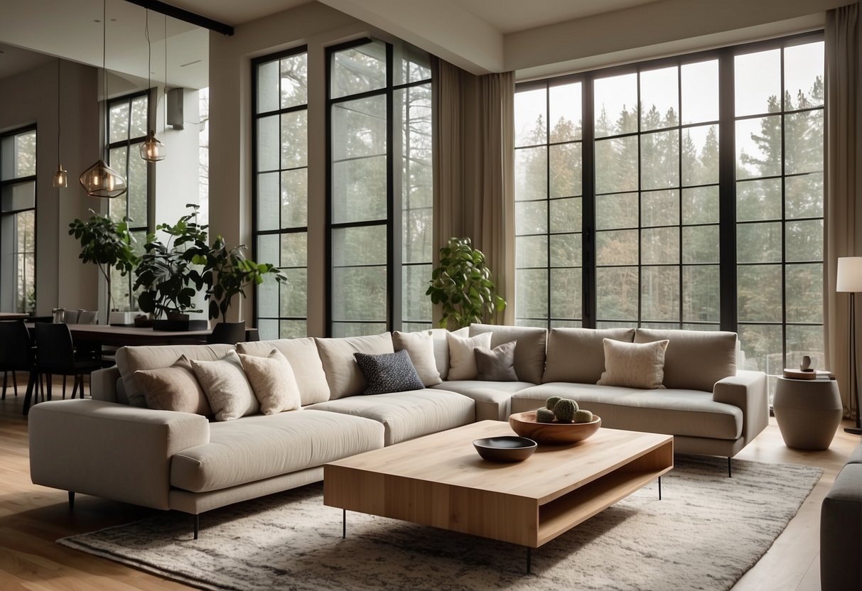 A spacious living room with a plush sofa, sleek coffee table, and modern rug. Large windows let in natural light, highlighting the warm wood floors and soft, neutral color palette