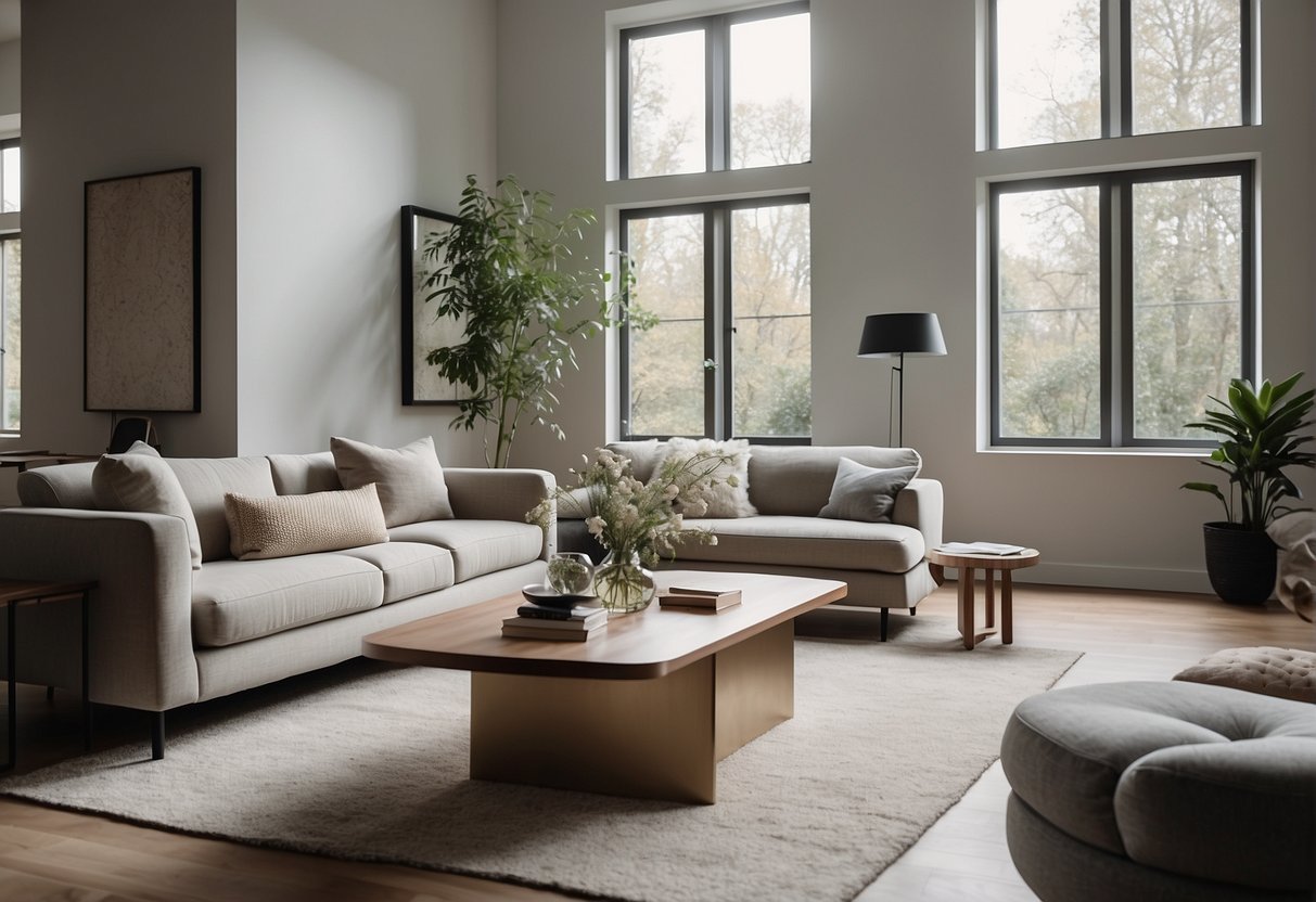A modern living room with a neutral color palette, clean lines, and minimalistic furniture. Large windows let in natural light, highlighting the sleek, contemporary design