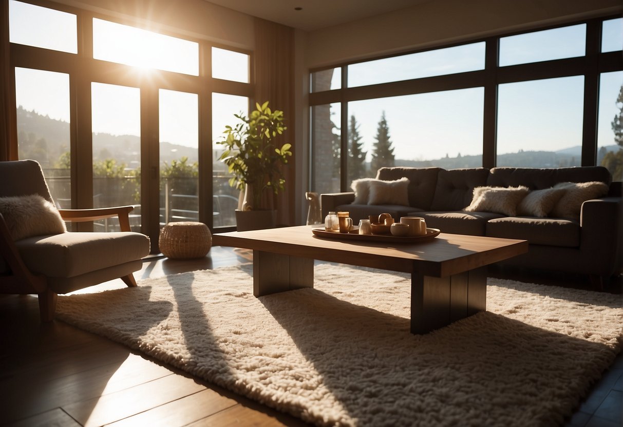 A cozy living room with a plush sofa, a coffee table, and a soft rug. Sunlight streams in through a large window, casting a warm glow over the space
