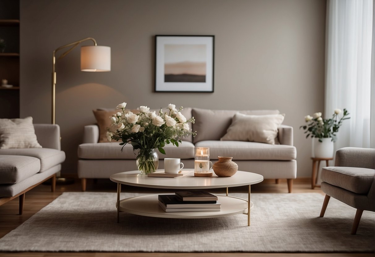 A cozy living room with a neutral color scheme, a comfortable sofa positioned in the center, a coffee table with a vase of flowers, and soft lighting from a floor lamp