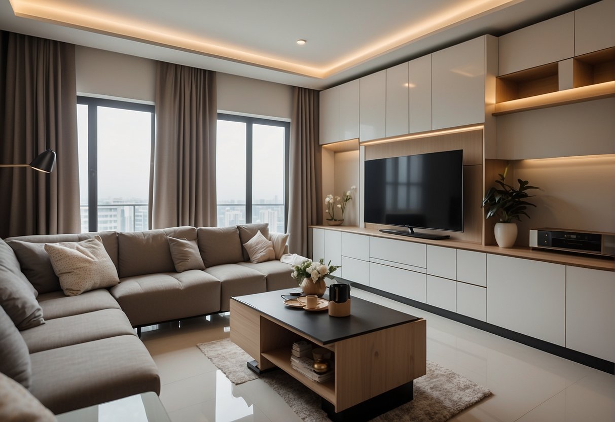 A modern 4-room HDB BTO living room with sleek furniture, neutral tones, and natural lighting