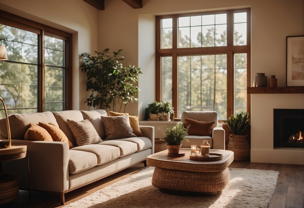 A cozy living room with warm, earthy tones and soft, natural light streaming in through large windows, creating a serene and inviting atmosphere