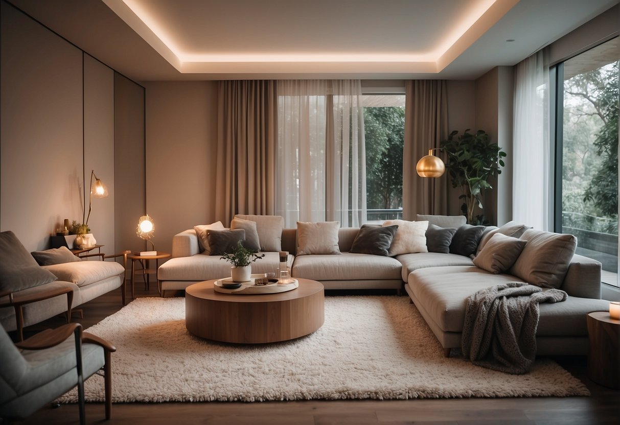 A cozy living room with modern furniture, soft lighting, and a neutral color palette. A plush rug and comfortable seating create a stylish, inviting space