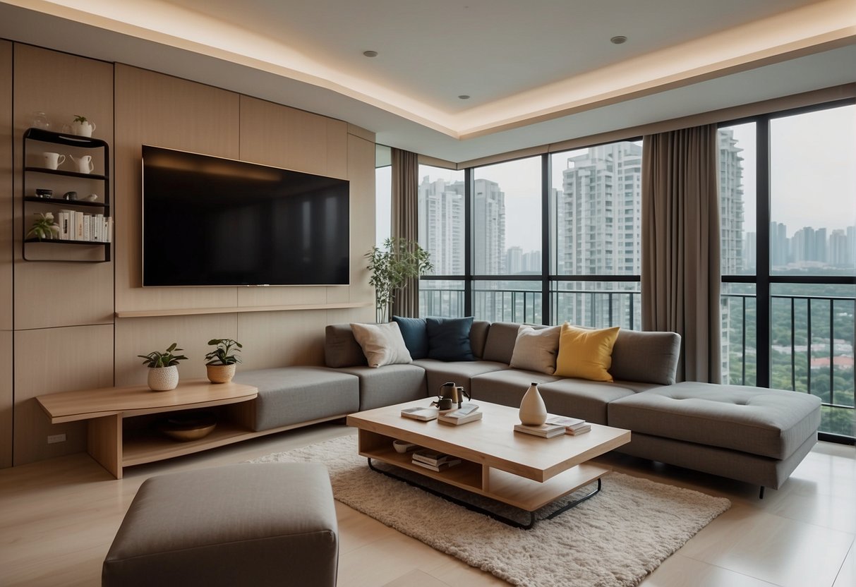 A spacious 4-room HDB BTO living room with modern furniture, a cozy sofa, a sleek TV console, and large windows with natural light streaming in