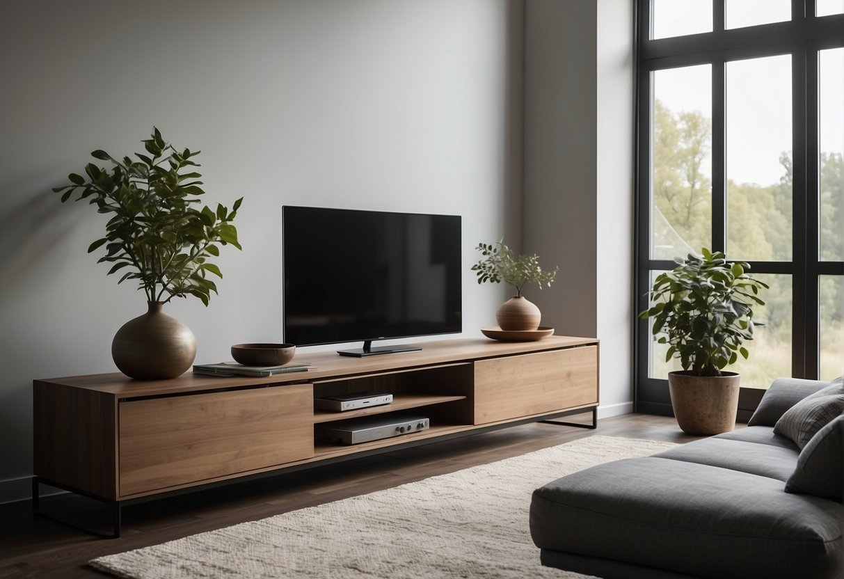 A modern living room with a sleek TV console, minimalist decor, and ample natural light