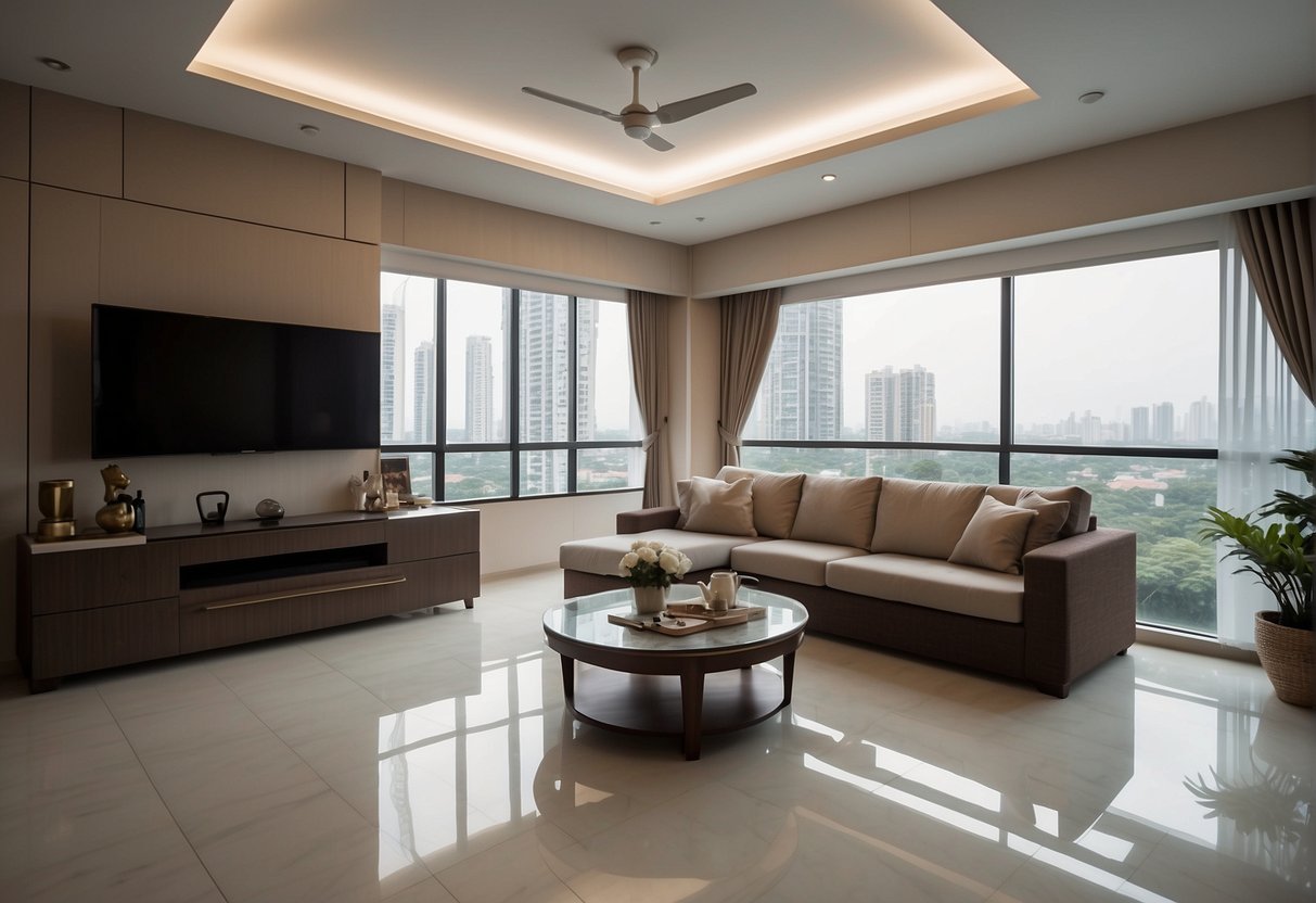 A cozy 4-room HDB BTO living room with a modern sofa, coffee table, and TV console arranged in a functional and inviting layout